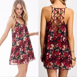 Forever21 openback lattice strappy back camisole floral roses chiffon dress Sz M